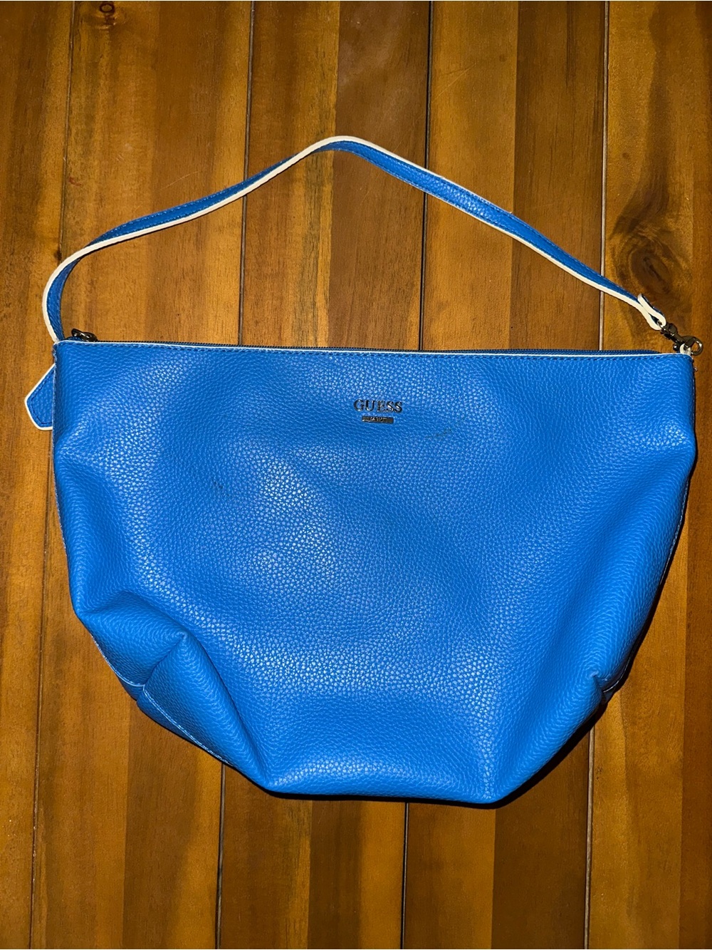 Guess Electric Blue Pebbled Shoulder Bag with White Trim